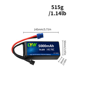 LYW 5000mAh 14.8V 4S 70C Lipo Battery with EC5 Plug(1/2/3/4PCS) - LYW