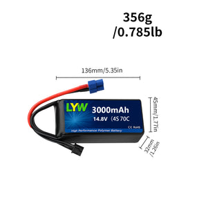 LYW 3000mAh 14.8V 4S 70C Lipo Battery with XT90 Plug(1/2/3/4PCS) - LYW